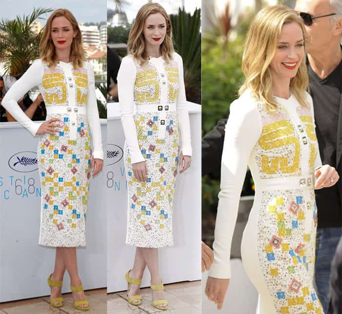 Emily Blunt styled her Peter Pilotto dress with mustard-colored Jimmy Choo 'Private' sandals, Jacquie Aiche jewelry, and a bold red lip