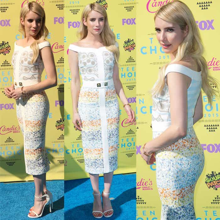 Emma Roberts flaunts her legs in a Peter Pilotto Resort dress styled with Stuart Weitzman shoes, a Maiyet clutch, and Jennifer Meyer, EF Collection, and Vita Fede jewels