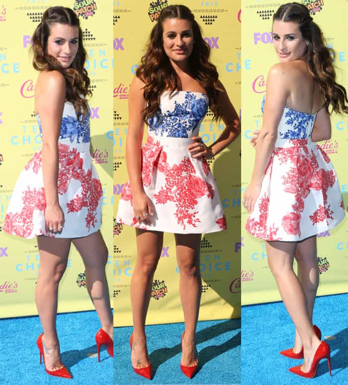 The vibrant floral pattern on Lea Michele's Monique Lhuillier Resort 2016 strapless dress provided a lively touch