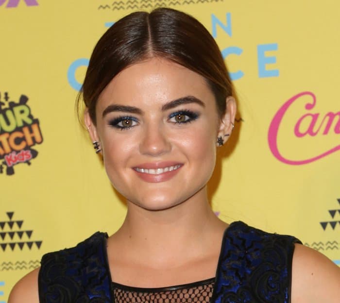 Lucy Hale in a Julien Macdonald Fall 2015 ink-blue mini dress at the Teen Choice Awards 2015