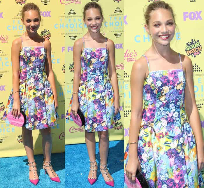 Maddie Ziegler in a Mac Duggal dress, Valentino shoes, Jennifer Meyer jewelry, and an Edie Parker clutch at the Teen Choice Awards 2015