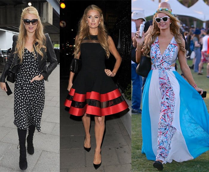 Paris Hilton's wardrobe is adorned with a collection of feminine dresses, featuring an array of fit-and-flare styles and flowing maxi dresses