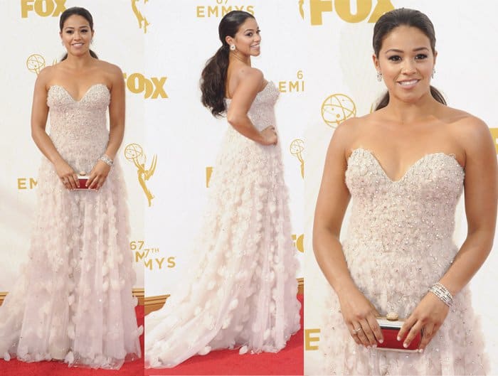 Gina Rodriguez looked stunning in a Lorena Sarbu Fall 2015 gown displaying an enchanted sense of feminine delight at the 67th Annual Primetime Emmy Awards