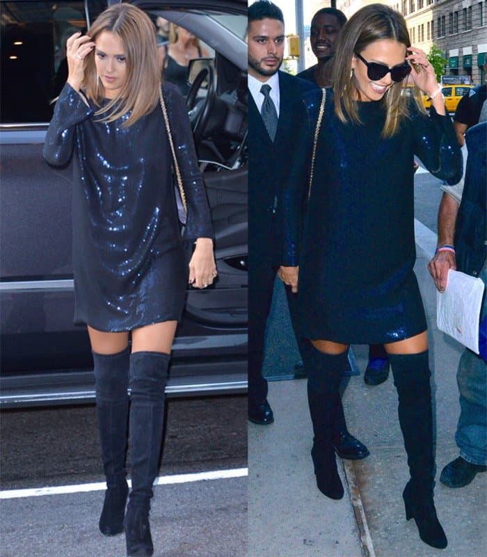 Jessica Alba leaves Trump Soho New York Hotel wearing a blue sequin dress and black knee-high boots
