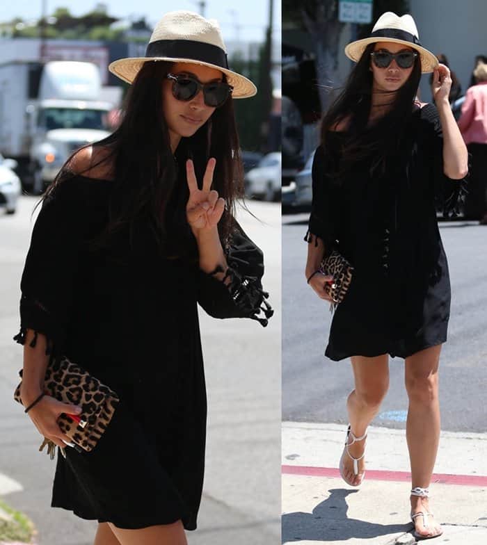 Cara Santana in a black off-the-shoulder dress for lunch at Fig and Olive in Los Angeles