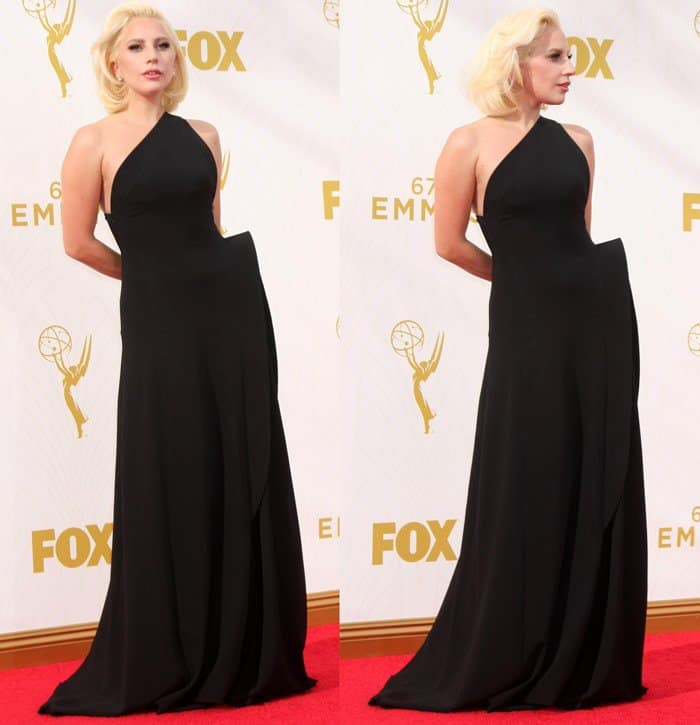 Lady Gaga in a supremely chic and minimalist Brandon Maxwell Spring 2016 gown on the red carpet at the 2015 Emmy Awards