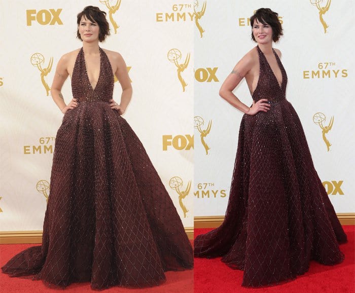 Lena Headey in a stunning Zuhair Murad Fall 2015 Couture gown featuring a plunging neckline and a voluminous skirt at the 67th Annual Primetime Emmy Awards