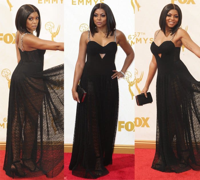 Taraji P. Henson in a stunning custom Alexander Wang black gown featuring edgy chain-link straps at the 67th Annual Primetime Emmy Awards