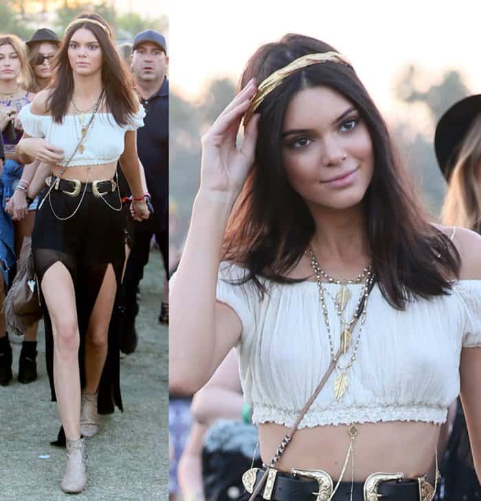 Kendall Jenner in a white off-the-shoulder crop paired with a black maxi skirt with slits and brown python ankle boots from Saint Laurent at Coachella Valley Music and Arts Festival