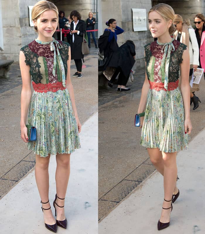 Kiernan Shipka stunned at the Valentino Spring/Summer 2016 Show during Paris Fashion Week in a gorgeous lace and floral design from the Italian fashion house
