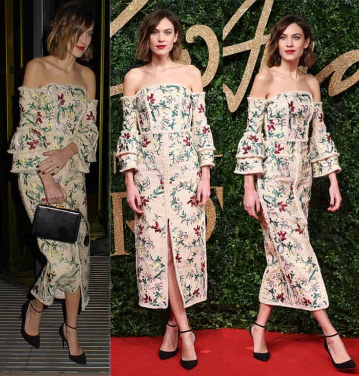 Alexa Chung rocked a floral, off-the-shoulder Erdem dress and Jimmy Choo shoes