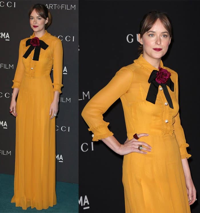 The bright color of Dakota Johnson's gown made up for the gown’s prim and modest silhouette