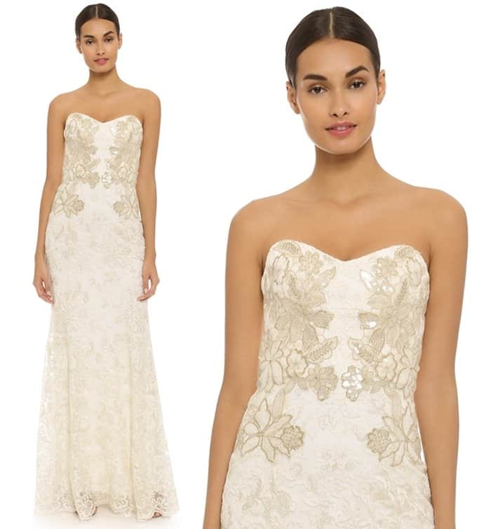 Marchesa Notte Metallic Lace Mermaid Gown in Ivory