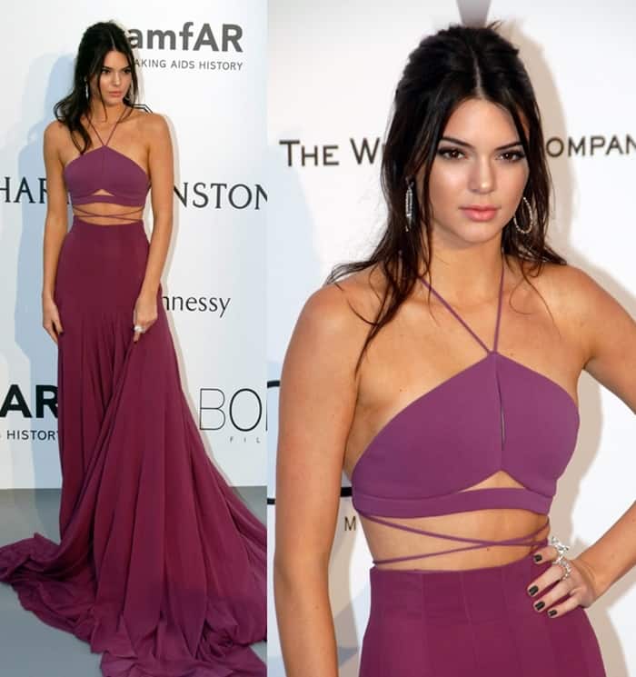 Kendall Jenner wore a mauve Calvin Klein Collection crop top and skirt with a long train to the 2015 amfAR Cinema Against AIDS Gala
