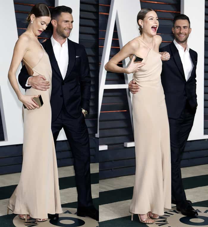 Model Behati Prinsloo (L) and recording artist Adam Levine attend the 2015 Vanity Fair Oscar Party hosted by Graydon Carter at the Wallis Annenberg Center for the Performing Arts on February 22, 2015, in Beverly Hills, California