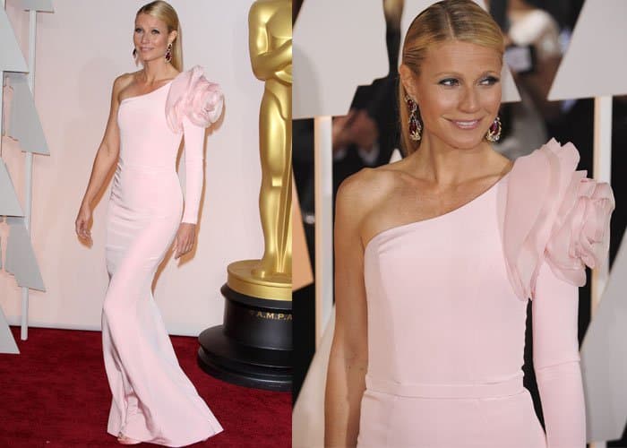 Gwyneth Paltrow graced the red carpet in a one-shouldered blush pink gown from Ralph & Russo's Spring 2015 Couture collection, complete with an oversized rose detail on the shoulder