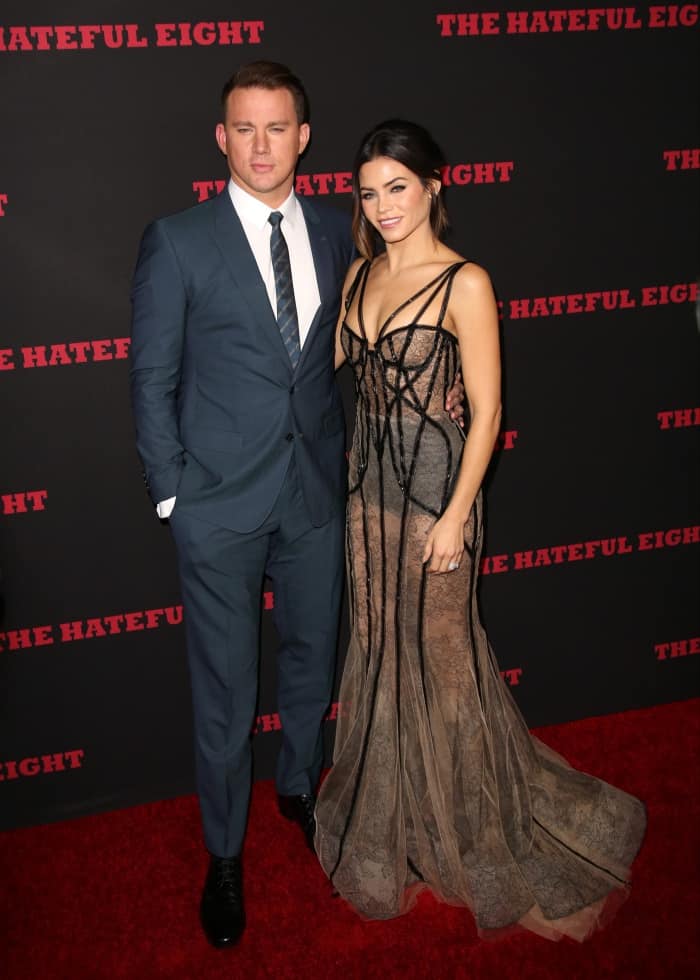 Handsome couple Channing Tatum and Jenna Dewan Tatum on the red carpet of the Hollywood California premiere of The Hateful Eight