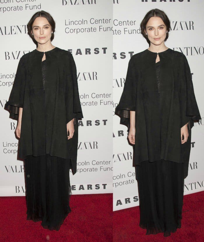 Keira Knightley did not highlight her svelte figure in a one-shoulder gown with a black cape