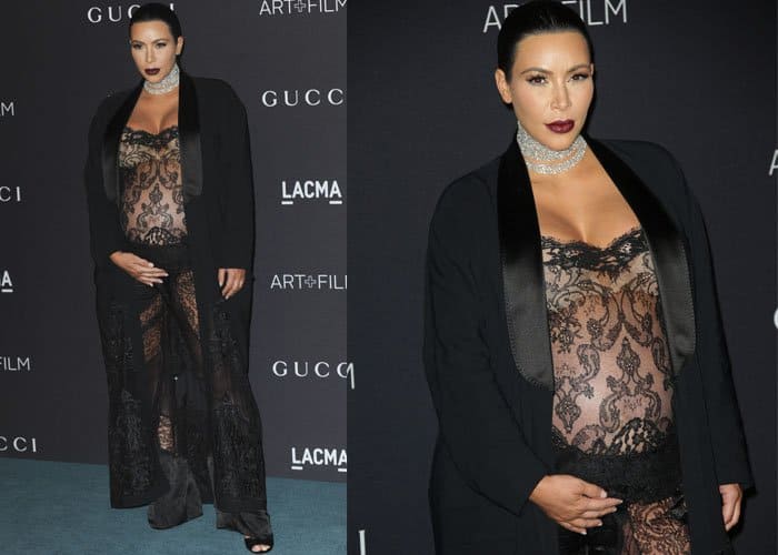 Kim Kardashian in head to toe in sheer Givenchy lace with a stunning diamond choker at the LACMA2015 Art+Film Gala