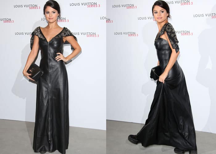 Selena Gomez opted for a sexy look, sporting a floor-length black leather dress that was a departure from her usual cute and innocent style