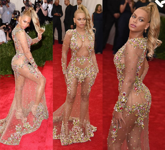 Beyoncé's outfit, designed by Givenchy, could hardly be described as a dress, as it was more akin to a bedazzled scrim at the "China: Through The Looking Glass" Costume Institute Benefit Gala