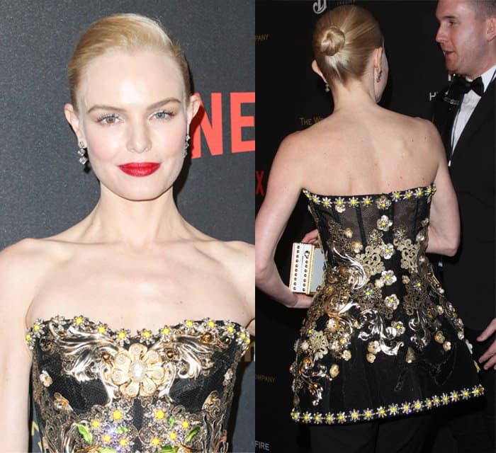 Kate Bosworth with a gold rid lip at The Weinstein Company and Netflix Golden Globe Party
