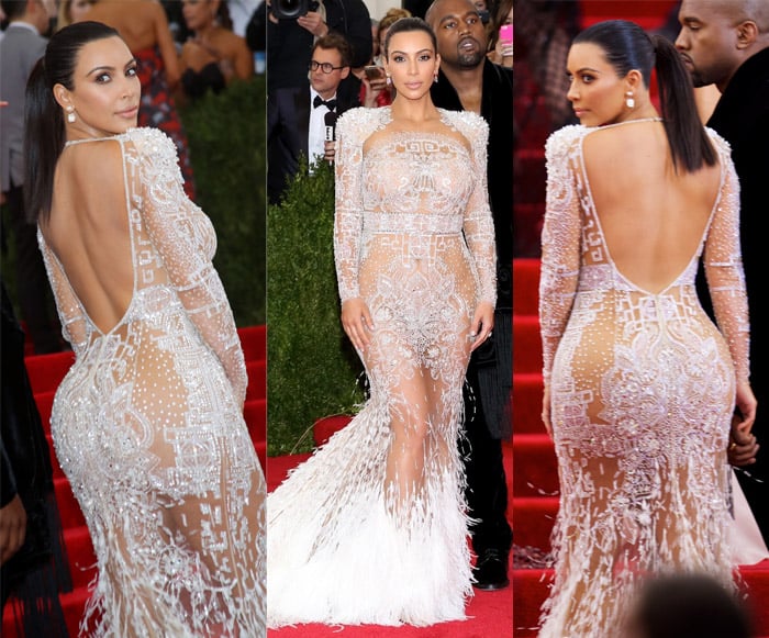Kim Kardashian in a backless, white gown by Roberto Cavalli that was designed by Peter Dundas, at the "China: Through The Looking Glass" Costume Institute Benefit Gala