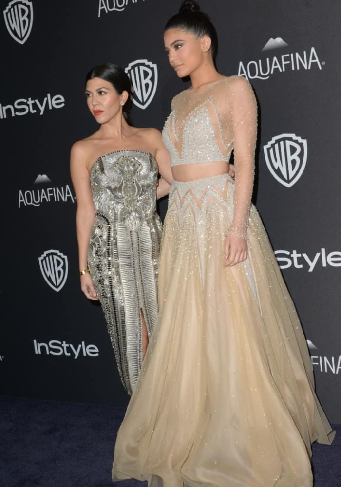 Kylie Jenner and Kourtney Kardashian donned a radiant bronze complexion and swept-back hair at InStyle and Warner Bros.’s 2016 Golden Globe Awards Post-Party
