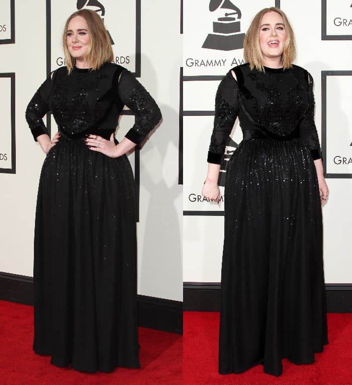 Adele in a custom Givenchy Haute Couture by Riccardo Tisci gown featuring all-over embroidery with paillettes, pearls, and crystals at the 58th Annual Grammy Awards