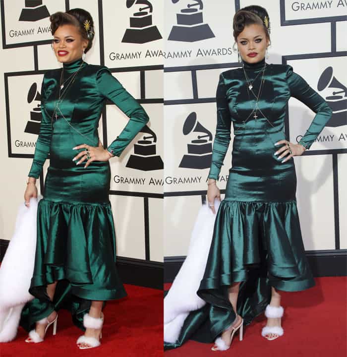 Andra Day wore a custom Michael Costello dress that she designed herself at the 58th Annual Grammy Awards