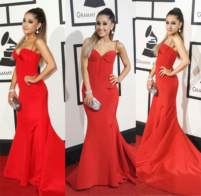 Ariana Grande turned heads in a red Romona Keveza Spring 2016 bustier top button down gown at the 58th Annual Grammy Awards