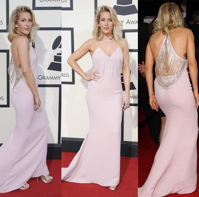 Ellie Goulding stunned in a custom pale pink gown by Stella McCartney with surprise chain detailing in the back at the 58th Annual Grammy Awards