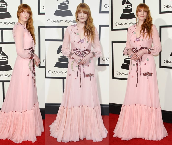 Florence Welch donned a stunning long-sleeved pink silk-chiffon v-neck dress by Gucci Pre-Fall 2016 at the 58th Annual Grammy Awards