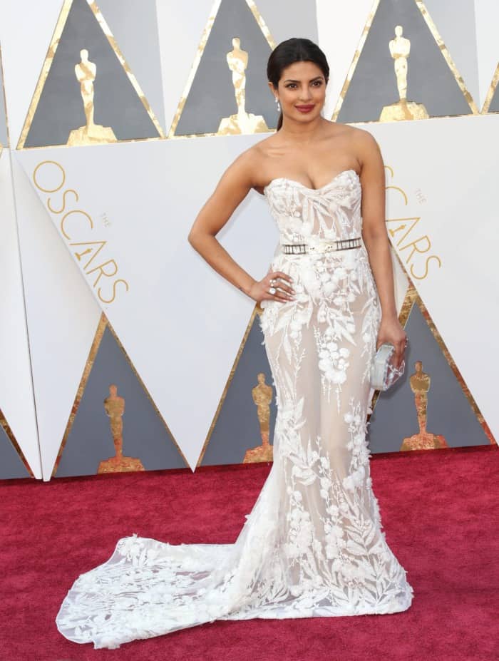Priyanka Chopra's bustier mermaid dress, adorned with delicate flowers, was a true showstopper at the 2016 Oscars