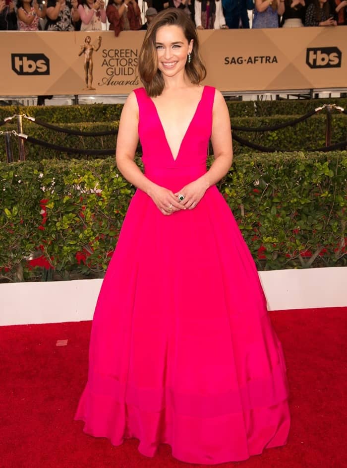 Emilia Clarke in a bright-pink, low-cut Dior gown at the 22nd Annual Screen Actors Guild Awards