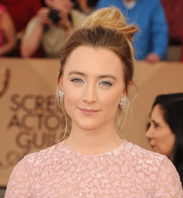 Saoirse Ronan's large diamond earrings complemented the sparkling finish of the gown