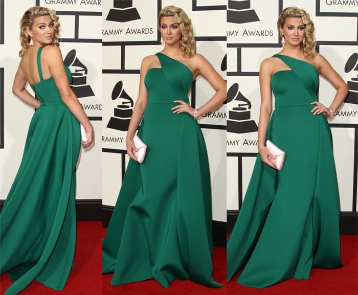 Tori Kelly wearing a stunning green Gauri and Nainika gown with an asymmetrical neckline at the 58th Annual Grammy Awards