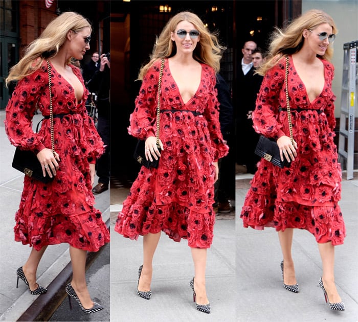 Blake Lively made a bold fashion statement in a striking bright red dress embroidered with delicate flowers from Michael Kors' celebrated Spring 2016 collection