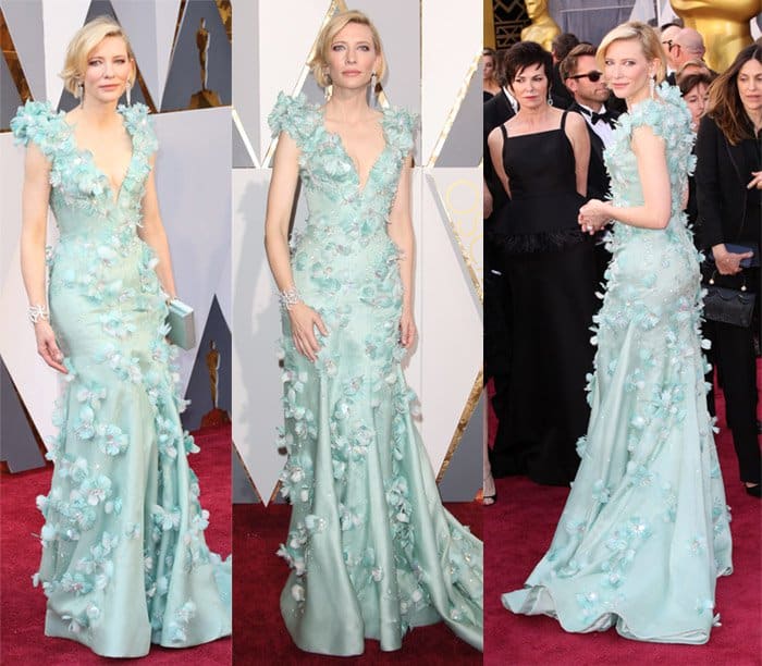 Cate Blanchett donned a floor-length Armani Prive gown, adorned with shimmering crystals and delicate pink and teal flowers, at the 88th Annual Academy Awards