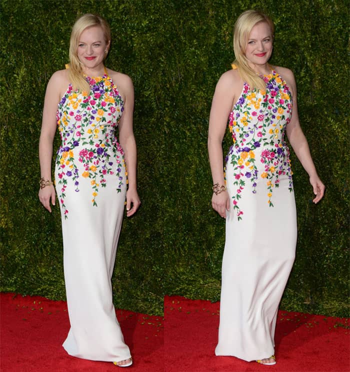 Elisabeth Moss made a dazzling appearance in a stunning Oscar de la Renta Resort 2016 gown adorned with breathtaking floral appliques