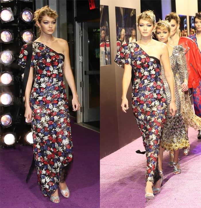 At the Zoolander 2 World Premiere held at Alice Tully Hall on February 9, 2016, in New York City, Gigi Hadid graced the event in a stunning one-shoulder, multicolored gown from Marc Jacobs' Spring 2016 collection