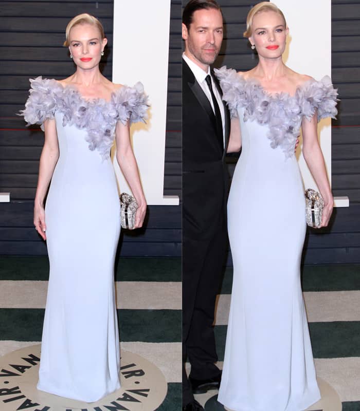 Kate Bosworth looked stunning in a beautiful off-the-shoulder gown with delicate petal trimming in a lovely shade of lavender