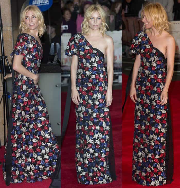 Sienna Miller donned a Marc Jacobs Spring 2016 long dress featuring an embellished, embroidered, printed one-shoulder design with a puffy sleeve and a draped back panel