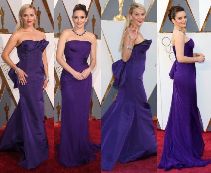 Tina fey reese witherspoon jewel tone purple gowns 2016 oscars