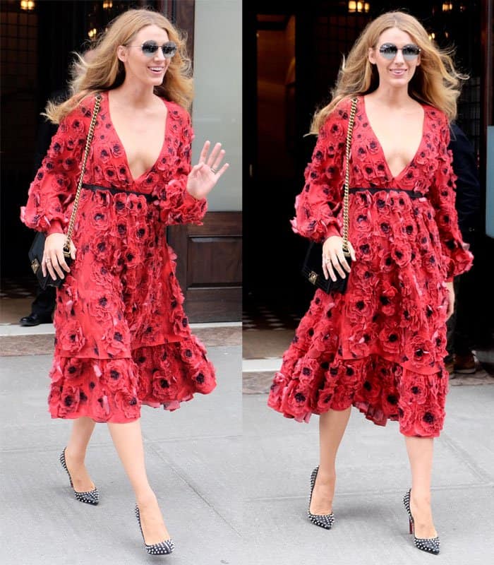 Blake Lively leaving her hotel in a red dress in Manhattan