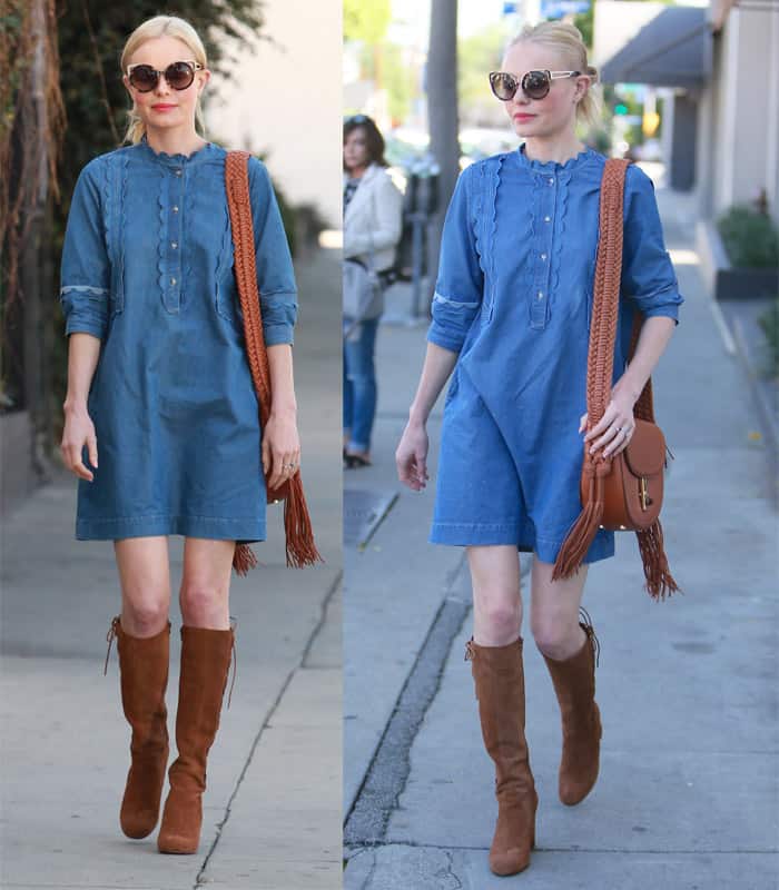 Kate Bosworth rocks a blue denim mini dress from MiH Jeans with brown suede River Island boots