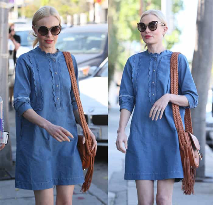 Kate Bosworth complemented her outfit with a brown saddle bag featuring fringes from Altuzarra, and she adorned round Linda Farrow sunglasses