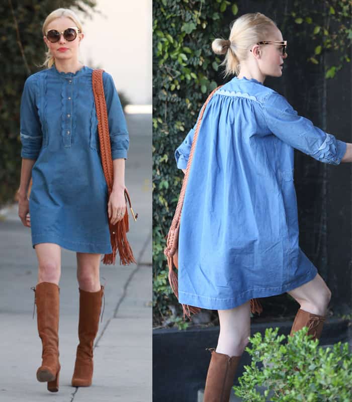 Kate Bosworth wearing a blue denim mini dress from MiH Jeans while leaving a salon in Beverly Hills