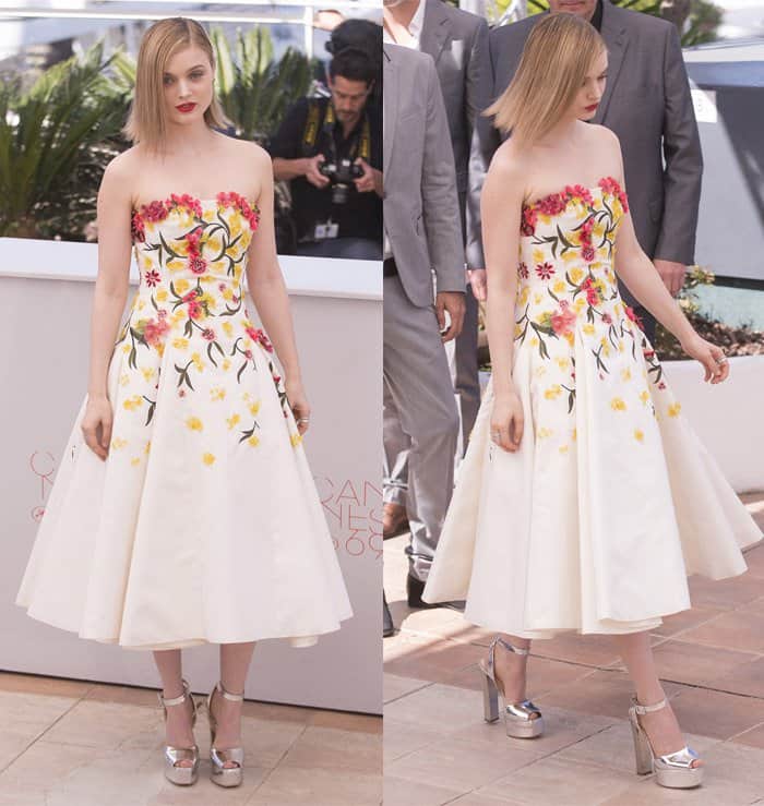 Bella Heathcote opted for a Giambattista Valli Fall 2014 Couture strapless dress adorned with floral embroidery, reaching a tea-length
