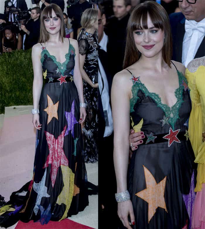 Dakota Johnson's sleeveless design featured intricate green lace along the neckline and a daringly vibrant star pattern adorning the skirt